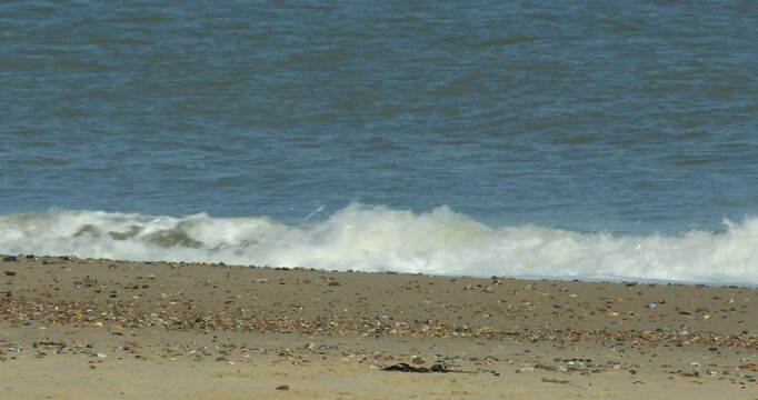 Mid shot of the waves crashing on to Walcott Beach