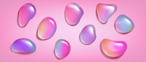 Holographic drop shapes in vibrant gradient colors from purple to blue. Glossy irregular ovals of liquid splashes or pebbles. Abstract futuristic design elements. Iridescent decorative vector.