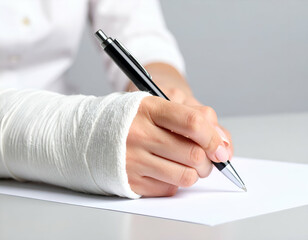 Close-up of fingers in a hand splint and cast, holding a pen to write on paper