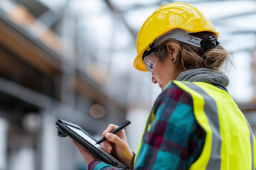 Obraz premium Female architect in hard hat sketching building plan on digital tablet at construction site, wearing smart-casual outfit and safety vest