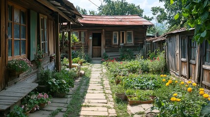 A rustic wooden house with a stone pathway surrounded by lush greenery and vibrant flowers outside
