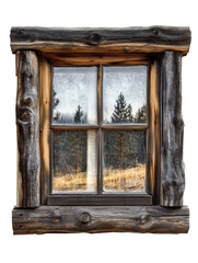 Rustic window reflecting a landscape.  Wooden frame, panes of glass, mirroring a scene of trees and hills