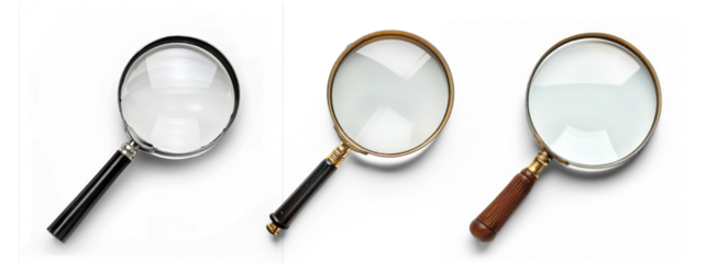 Collection of magnifying glass on white background