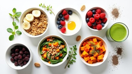 Healthy Breakfast Bowl Quinoa Berries Egg Sweet Potato Spinach Green Smoothie