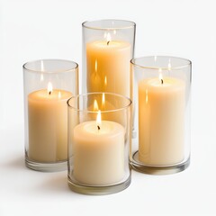 Flameless candle set with glass holders on white background 