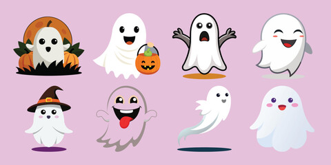 Halloween Cute Ghost Vector Bundle  8 Spooky Cartoon Ghosts  Flat Style  No Background png image 