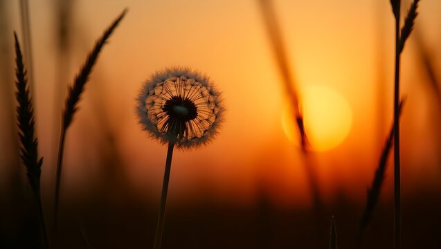 Close-up dandelion silhouette at sunset, soft, poetic, tranquil scene. - Powered by Adobe