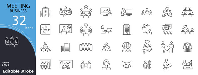 Meeting business related icons set. Including discussion, team, schedule, conference, collaboration, agenda, communication, and planning. Editable stroke. outline icons.