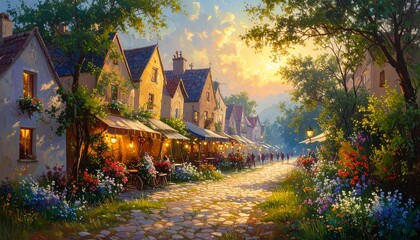 Naklejka premium Traditional houses of white walls and tile roofs, colorful autumn trees and lush flower gardens.