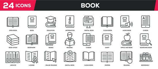 Set of line icons related book, reading, e-book, learning. Editable stroke. Perfect pixel on transparent background