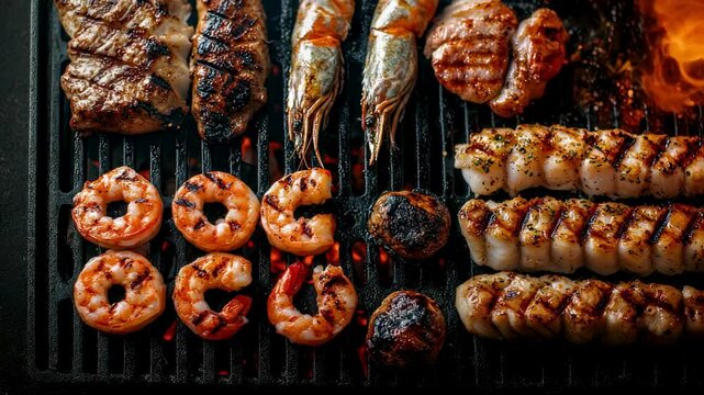 Delicious Grilled Seafood and Steak on a Hot BBQ Grill
