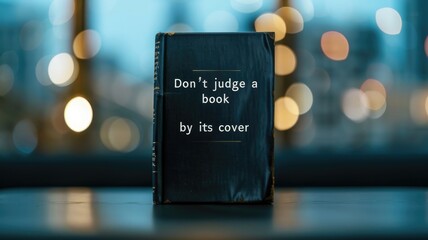 An inspiring quote saying "Don't judge a book by its cover" placed on a tattered book cover in a cozy urban setting during twilight hours