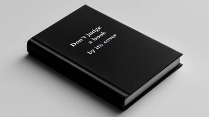 A black leather book with an inspirational quote on the cover that says "Don't judge a book by its cover," displayed on a table against a plain background