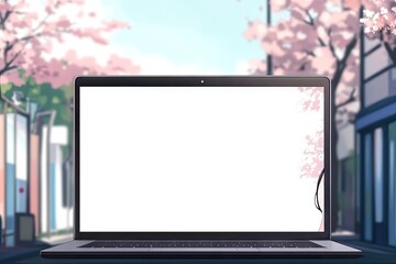 Laptop with blank screen, cherry blossoms, city street