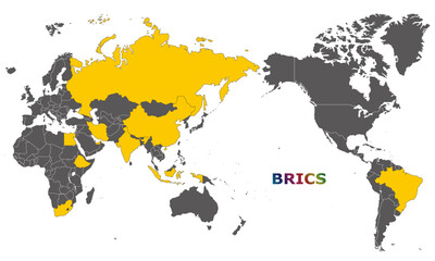 世界地図とBRICSの加盟国、2025年5月現在、大平洋