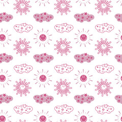 Seamless pattern on a children's theme. Clouds and sun in pink. White background