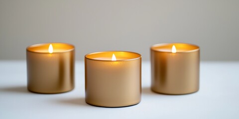 LED flameless votive candles in gold finish on white background