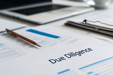 Business paperwork with charts and an elegant pen, focusing on documentation and analysis. Office setting with computer and clipboard