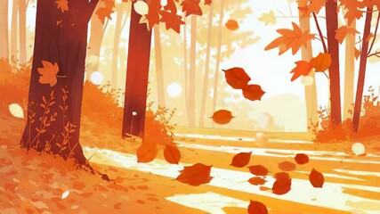 Autumn forest scenery with warm colors and falling leaves - Powered by Adobe