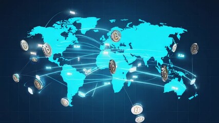 3D animated infographic showing a glowing blue world map with digital cryptocurrency flows neon lines, coins like Bitcoin and Ethereum moving across countries, data nodes lighting up, on a futuristic - Powered by Adobe
