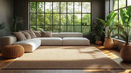 The spacious room features a light colored rug, inviting bean bag chairs, large windows revealing snowy mountains, and a warm fireplace for a serene winter atmosphere.