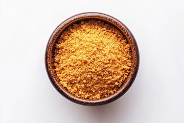 Bowl of grated cheese from above on white background