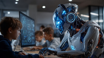 Fototapeta premium Hands of robots touch educational technology, integrating digital tools, interactive platforms, and AI-driven systems to enhance teaching and learning. Adaptive learning, EdTech fosters engagement.