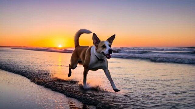 A happy mixed-breed dog runs along the shoreline at sunset. The dog has a light brown coat with white markings. Waves gently lap at its paws.