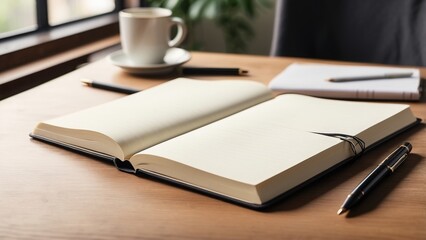  A crisp notebook with pen placed neatly, sharp lined pages, blurred calm productivity setup surrounding 