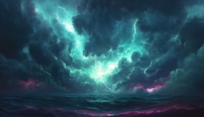 Dramatic thunderstorm over a vast ocean, with powerful lightning bolts illuminating dark clouds.