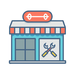 Vector illustration of repair shop front view icon, isolated on white background