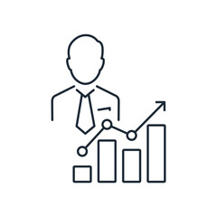Businessman and growth chart. Successful position. Vector linear icon illustration on white background.
