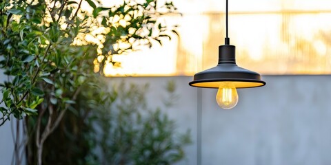 Minimalist black outdoor pendant lamp on white background