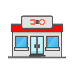 Vector illustration of repair shop front view icon, isolated on white background