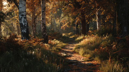 Obraz premium autumn forest path gently illuminated by sunlight