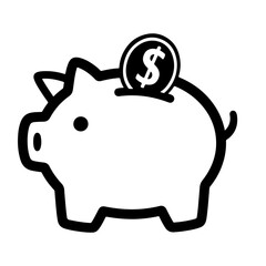 A piggy bank with a coin showing a dollar sign, illustrated in a bold black and white style.