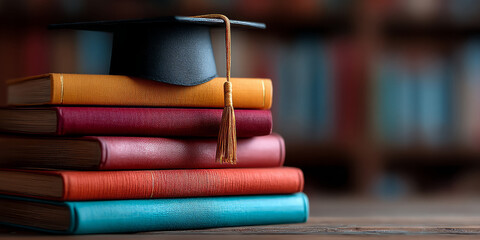 stack of books gently piling up with a graduation cap appearing on top