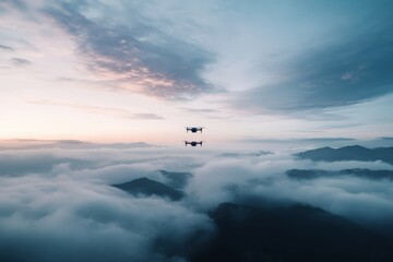 Obraz premium Drones flying over foggy mountains at sunrise