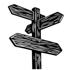 A wooden signpost with three directional arrows, illustrated in a black and white woodcut style. © Zulfa