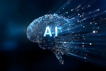 Artistic visual of a brain designed with digital circuits where "AI" is highlighted at its core, with glowing lines representing connected data on a deep blue background.