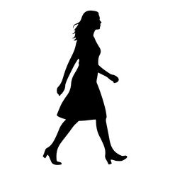A woman in a dress walking, depicted as a black silhouette.