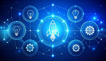 Digital illustration of a rocket icon, surrounded by hexagonal icons, symbolizing the idea of ​​growth innovation.