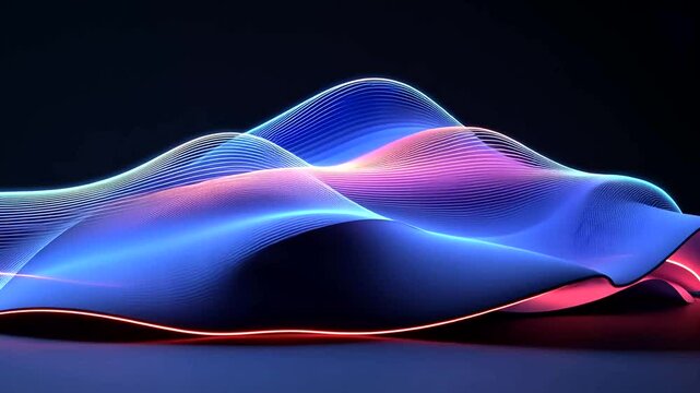 Wavy formations of parallel blue and pink lines creating an abstract mountainous landscape, illuminated against a dark background