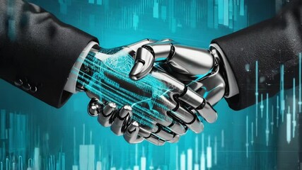 3D close-up, biomechanical handshake, human hand robotic AI hand clasping, data graphs binary code skin metal, digital finance visuals, futuristic business partnership, sci-fi, glowing investment data - Powered by Adobe