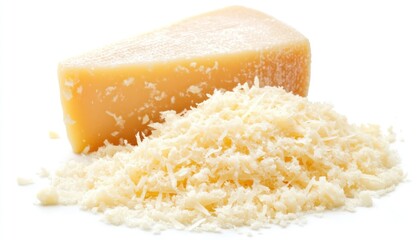Freshly grated Parmesan cheese, finely shredded and beautifully arranged for culinary presentation, isolated on white.