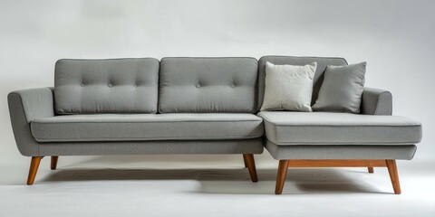 Fototapeta premium Modern fabric sofa with chaise lounge in light gray on white background