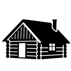 A black silhouette illustration of a cozy log cabin with a chimney.