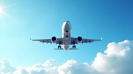 Obraz premium Majestic Airplane Soaring Through Sunny Skies A Breathtaking Aerial View