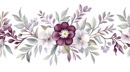 Elegant floral border design with muted tones of purple and white flowers and foliage.