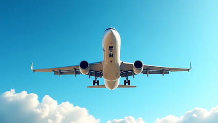 Fototapeta premium Majestic Airplane Soaring Through Azure Skies A Breathtaking Aerial View